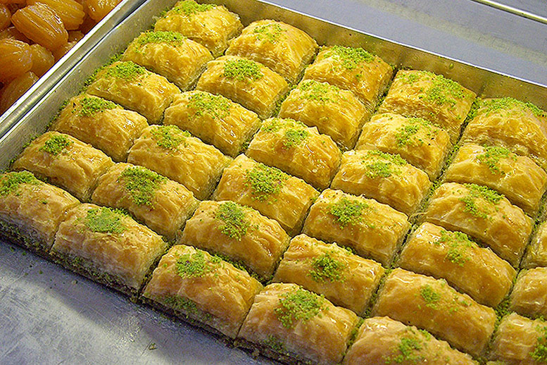 Baklava in a metal tray