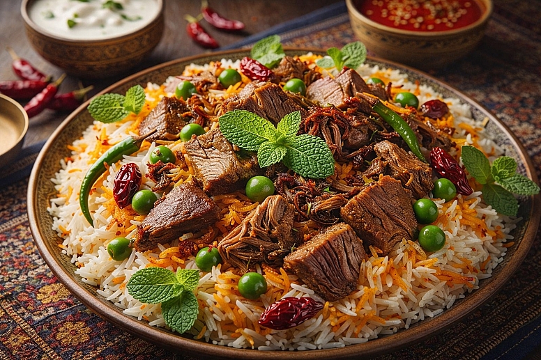 delicious biryani with condiments and garnishes