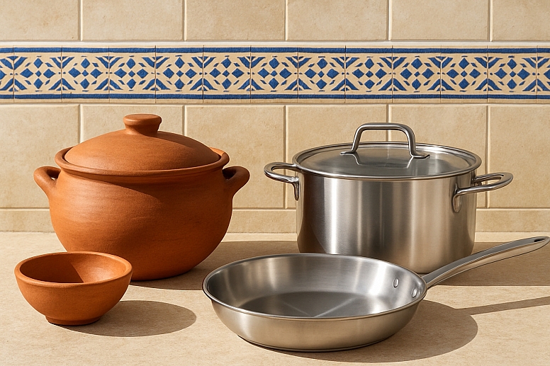 mediterranean kitchen cookware contrast