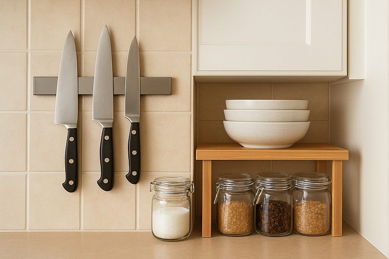 organized kitchen corner with knives