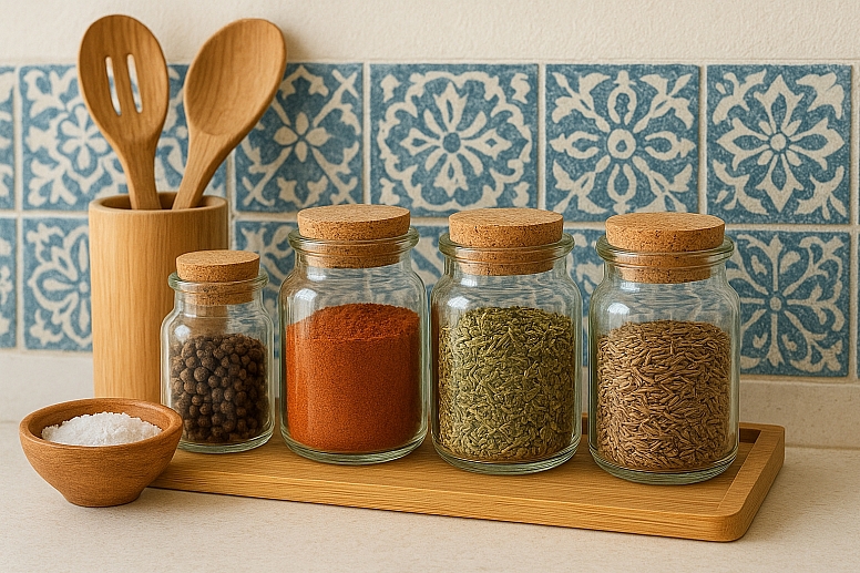 organized spice collection with moroccan tiles