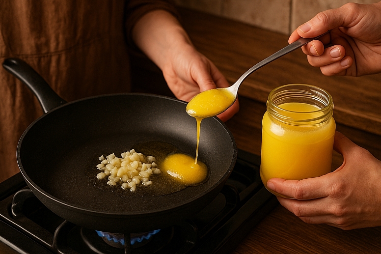 sauteing with ghee in the kitchen