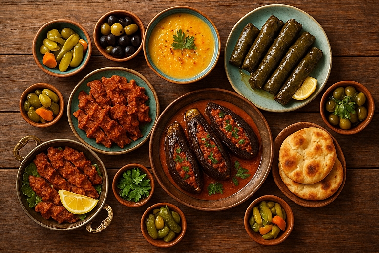 turkish vegetarian food with stuffed vine leaves and lentil soup